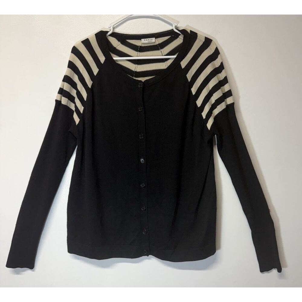 Akris punto  Women’s Striped  Black  WOOL Cardigan, Sweater BUTTON SZ L